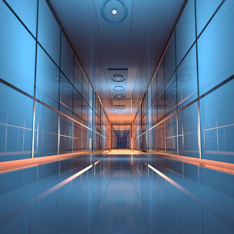 Modern minimalist hallway with backlit wall panels