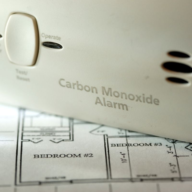 Carbon monoxide alarm sitting on top of a home floor plan document