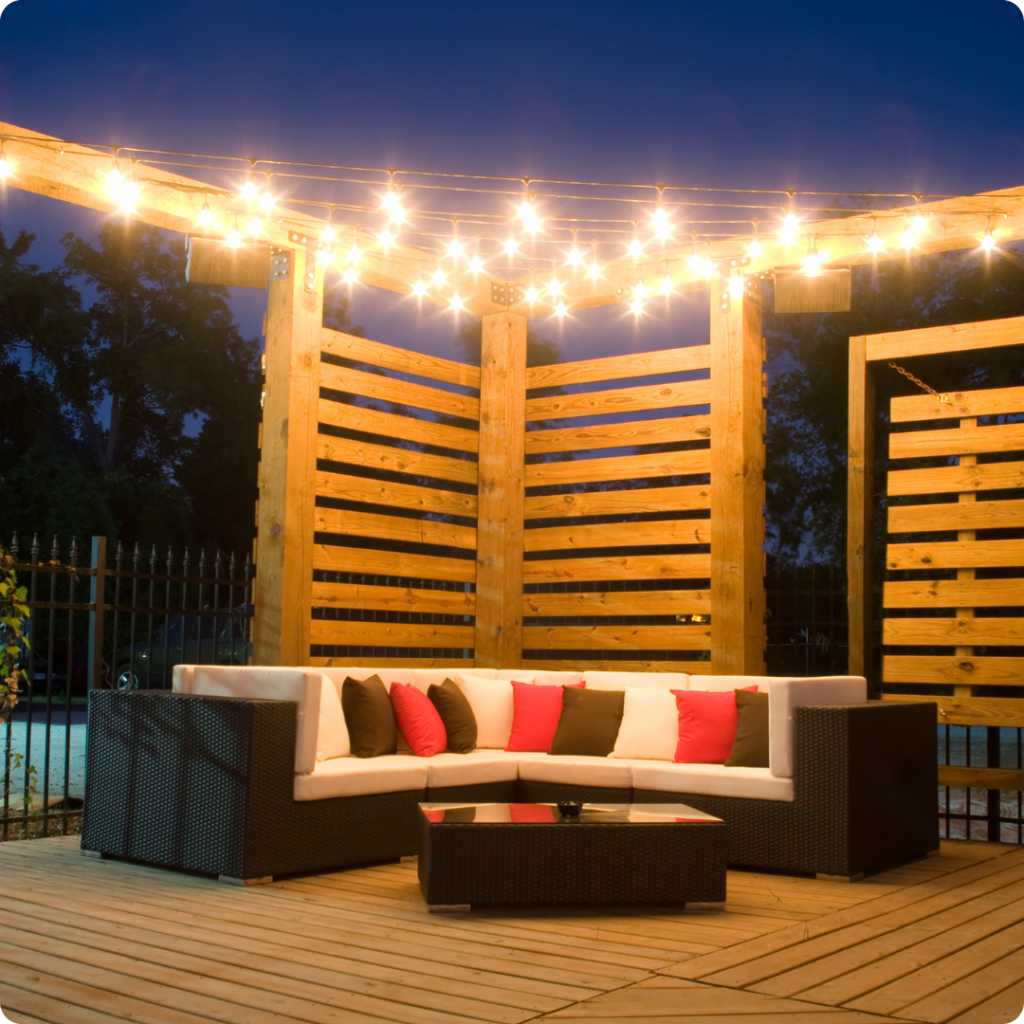 Deck lights enhancing the safety and inviting ambiance of a deck and patio area