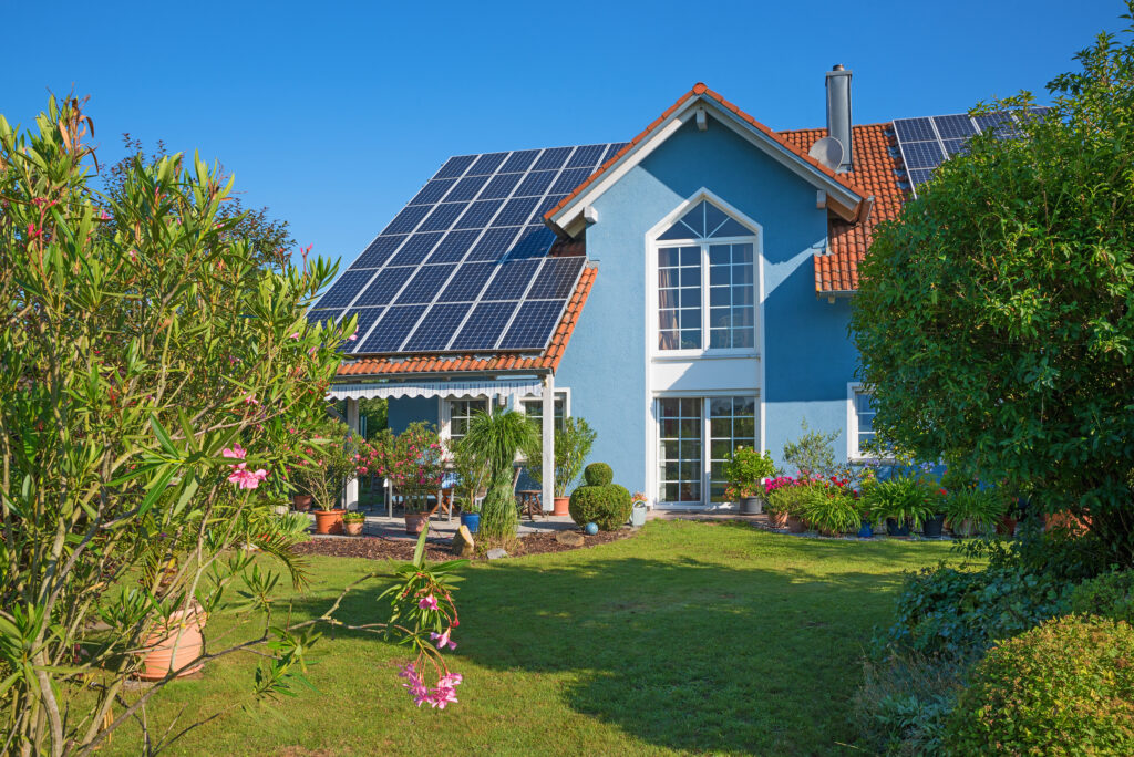 solar panels on a blue home