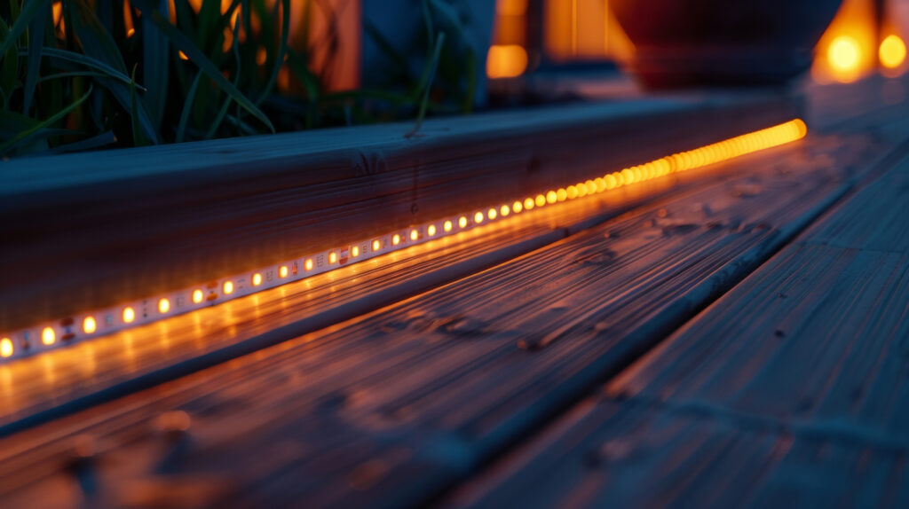 A set of LED strip lights neatly lining the edge of a deck providing practical and stylish lighting for outdoor gatherings and parties.