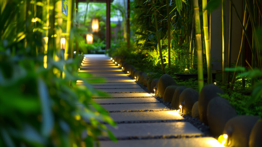 Serene Nighttime Garden Path Illuminated by Soft Warm Lights