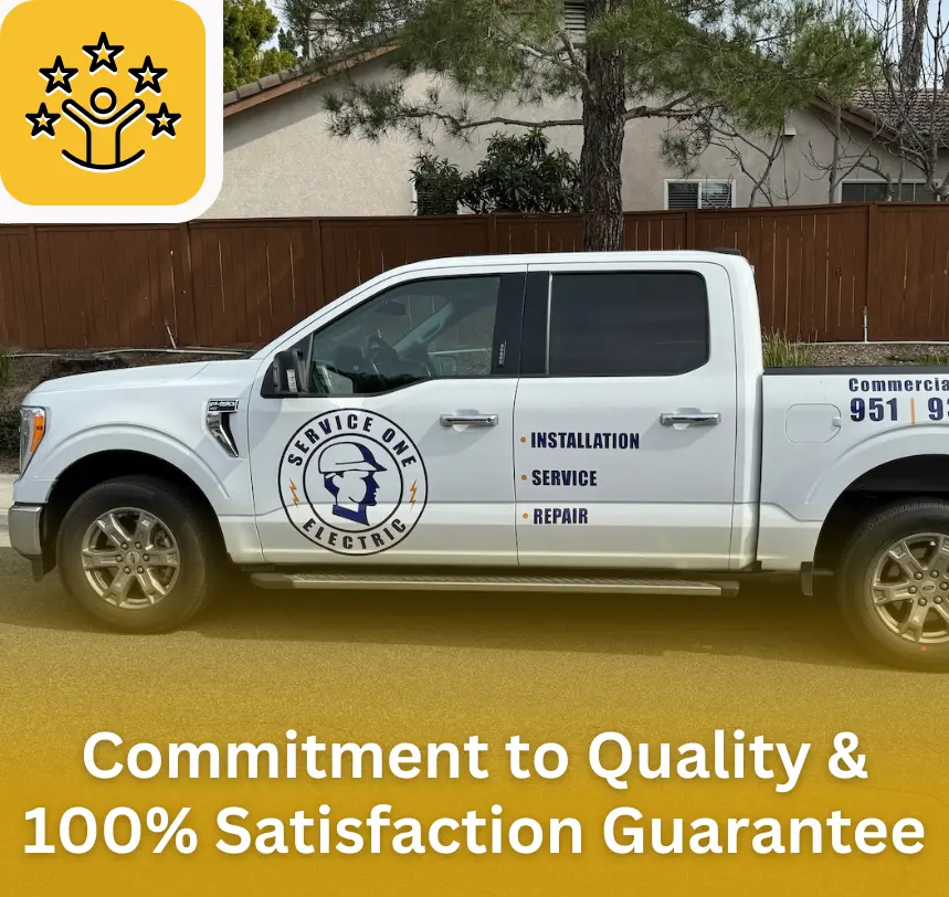 Service One Electric pickup truck with text overlay reading: Commitment to quality and 100% satisfaction guarantee