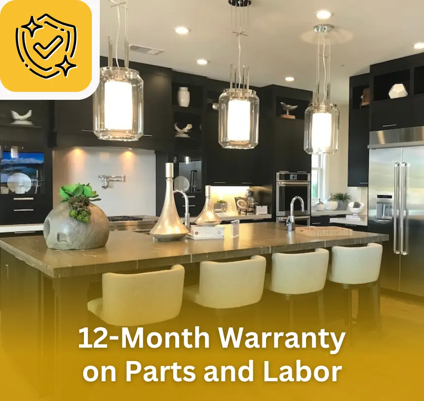 Kitchen interior with text overlay reading: 12-month warranty on parts and labor